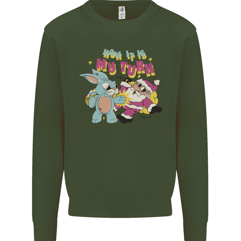 Easter Rabbit vs Santa Claus Funny Bunny Egg Kids Sweatshirt Jumper Forest Green