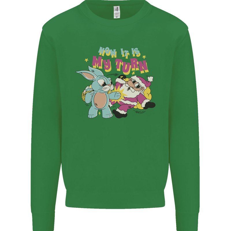 Easter Rabbit vs Santa Claus Funny Bunny Egg Kids Sweatshirt Jumper Irish Green