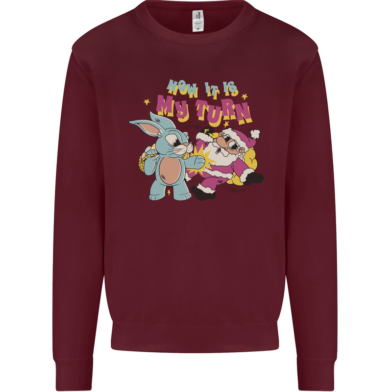 Easter Rabbit vs Santa Claus Funny Bunny Egg Kids Sweatshirt Jumper Maroon
