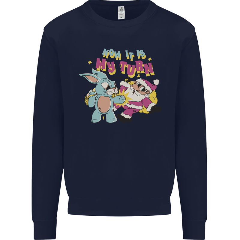 Easter Rabbit vs Santa Claus Funny Bunny Egg Kids Sweatshirt Jumper Navy Blue