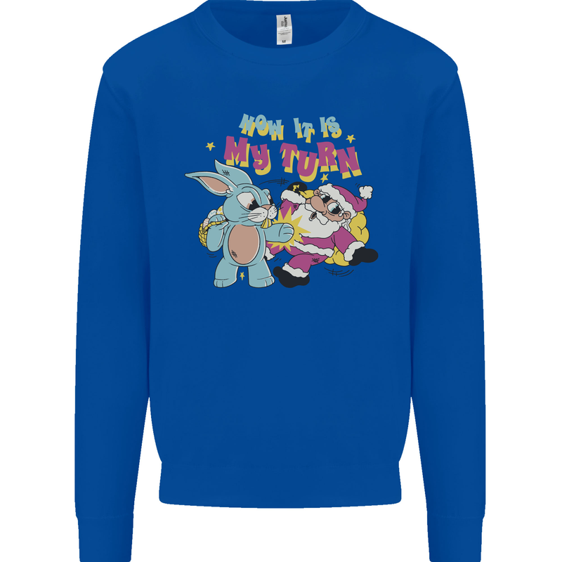 Easter Rabbit vs Santa Claus Funny Bunny Egg Kids Sweatshirt Jumper Royal Blue