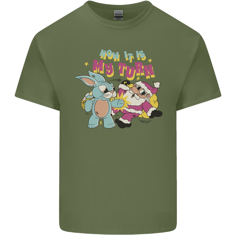 Easter Rabbit vs Santa Claus Funny Bunny Egg Mens Cotton T-Shirt Tee Top Military Green