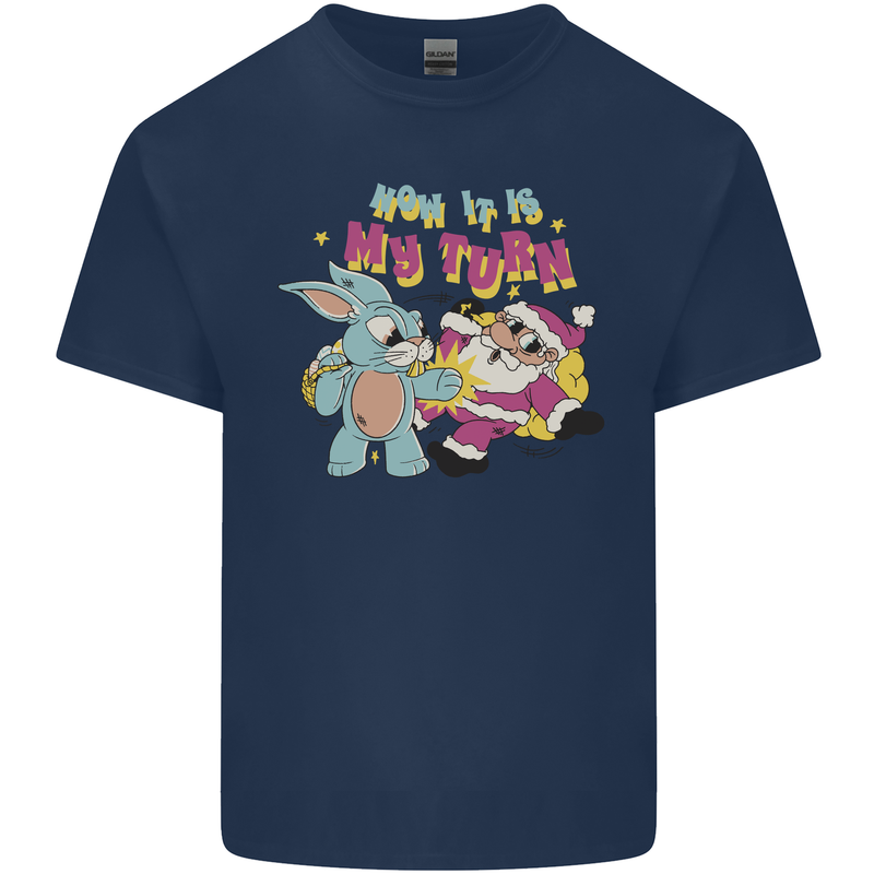 Easter Rabbit vs Santa Claus Funny Bunny Egg Mens Cotton T-Shirt Tee Top Navy Blue
