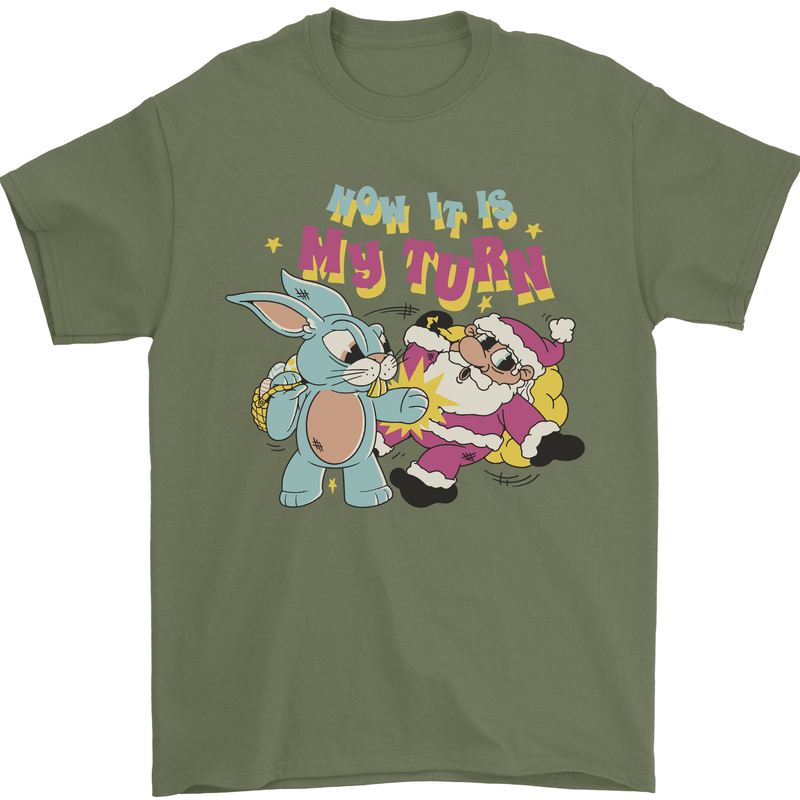 Easter Rabbit vs Santa Claus Funny Bunny Egg Mens T-Shirt 100% Cotton Military Green