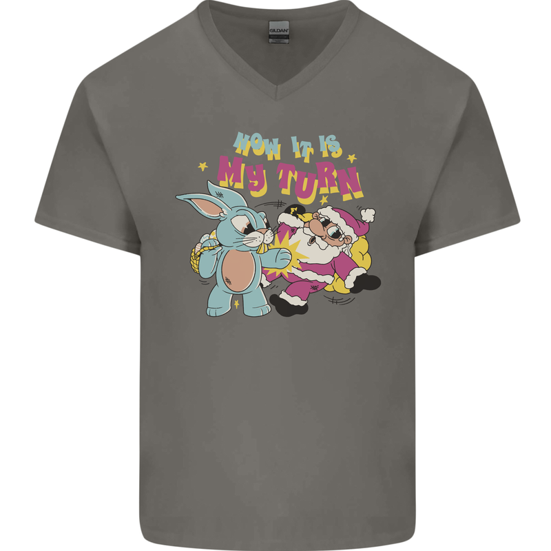 Easter Rabbit vs Santa Claus Funny Bunny Egg Mens V-Neck Cotton T-Shirt Charcoal