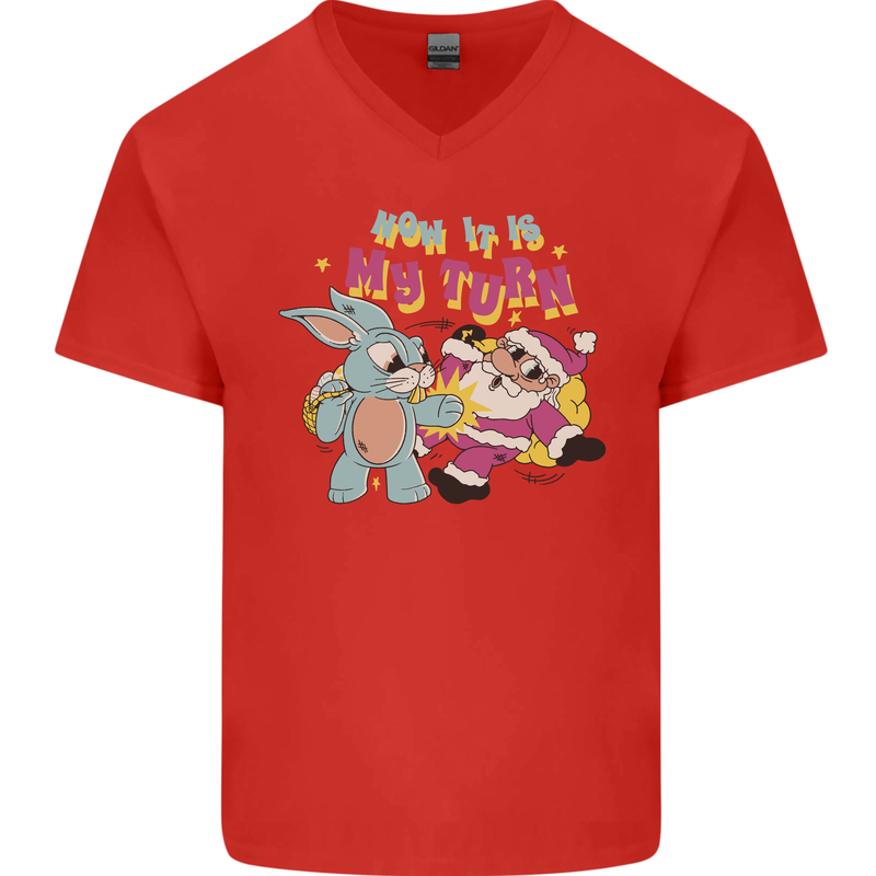 Easter Rabbit vs Santa Claus Funny Bunny Egg Mens V-Neck Cotton T-Shirt Red