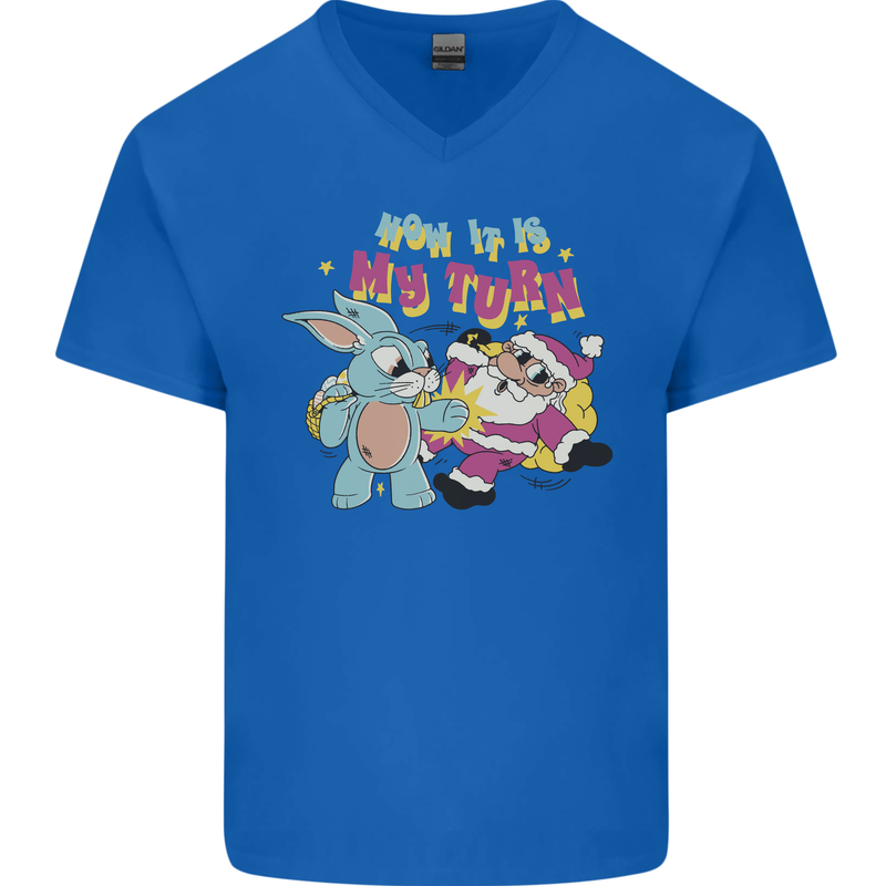 Easter Rabbit vs Santa Claus Funny Bunny Egg Mens V-Neck Cotton T-Shirt Royal Blue