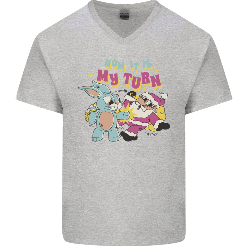 Easter Rabbit vs Santa Claus Funny Bunny Egg Mens V-Neck Cotton T-Shirt Sports Grey
