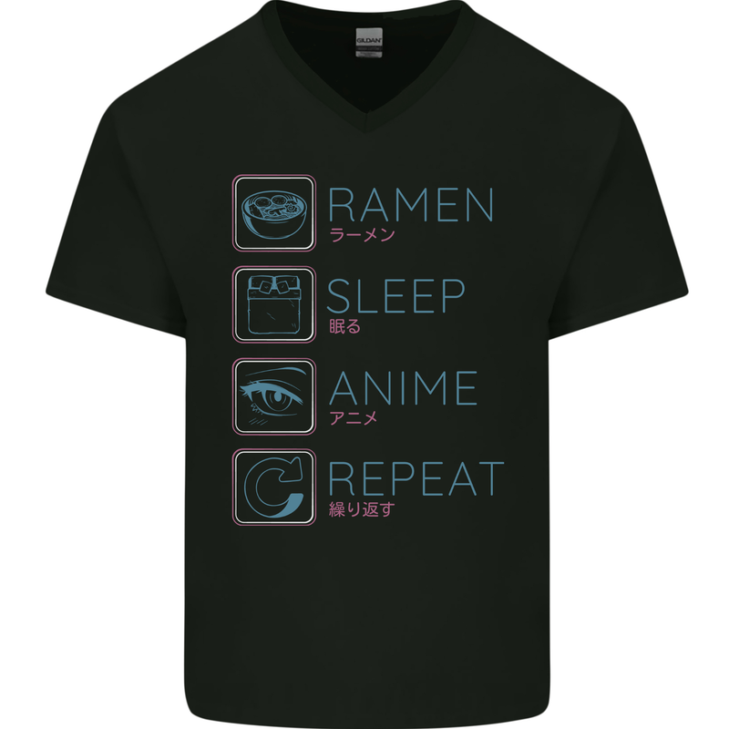 Eat Sleep Anime Repeat Design 3 Mens V-Neck Cotton T-Shirt Black