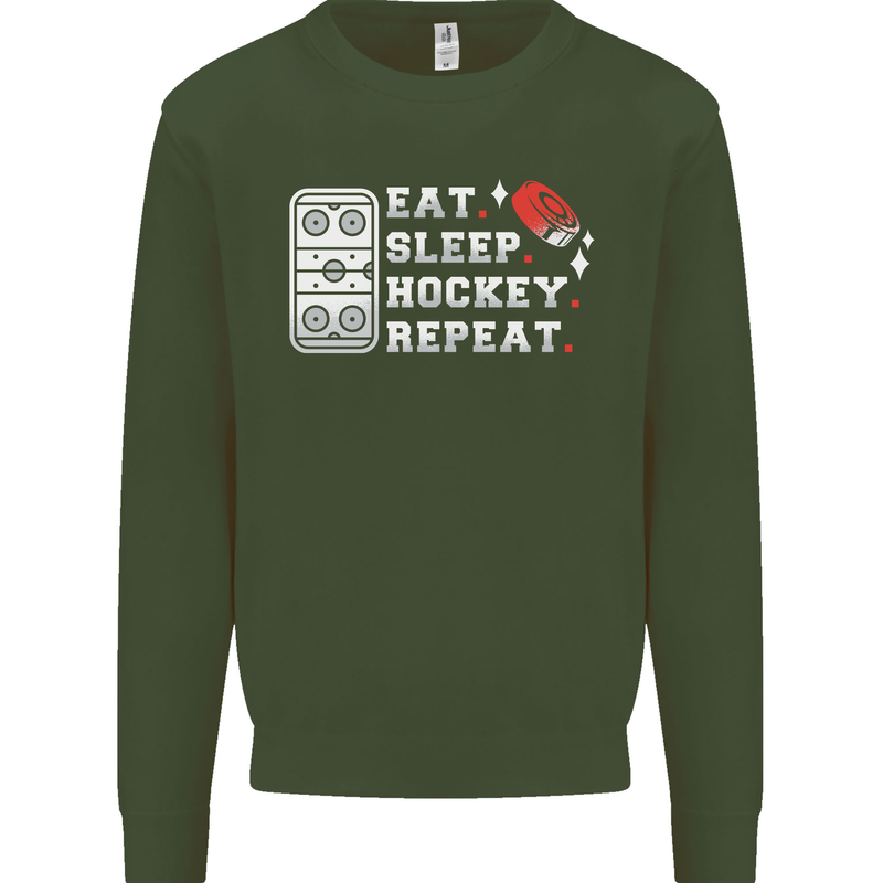 Eat Sleep Hockey Repeat Ice Street Funny Kids Sweatshirt Jumper Forest Green