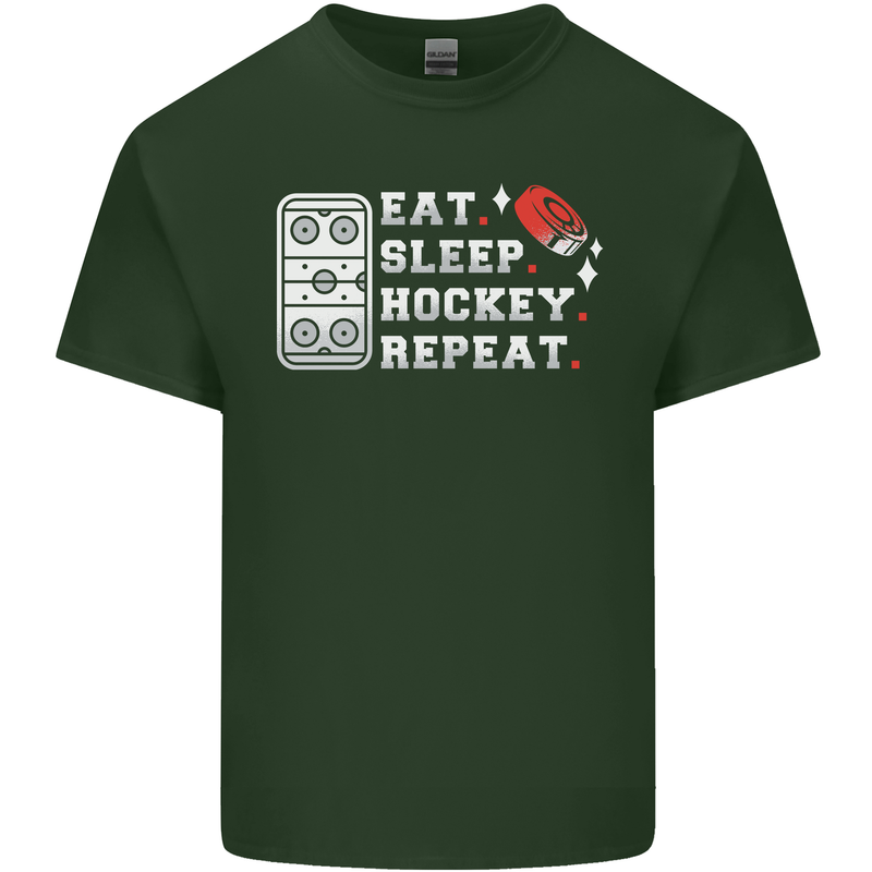 Eat Sleep Hockey Repeat Ice Street Funny Mens Cotton T-Shirt Tee Top Forest Green