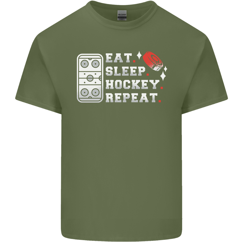 Eat Sleep Hockey Repeat Ice Street Funny Mens Cotton T-Shirt Tee Top Military Green