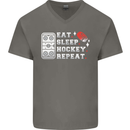Eat Sleep Hockey Repeat Ice Street Funny Mens V-Neck Cotton T-Shirt Charcoal