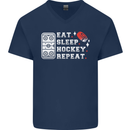 Eat Sleep Hockey Repeat Ice Street Funny Mens V-Neck Cotton T-Shirt Navy Blue