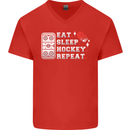 Eat Sleep Hockey Repeat Ice Street Funny Mens V-Neck Cotton T-Shirt Red