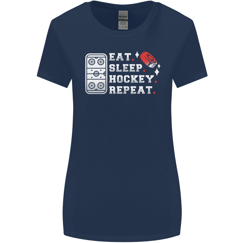 Eat Sleep Hockey Repeat Ice Street Funny Womens Wider Cut T-Shirt Navy Blue
