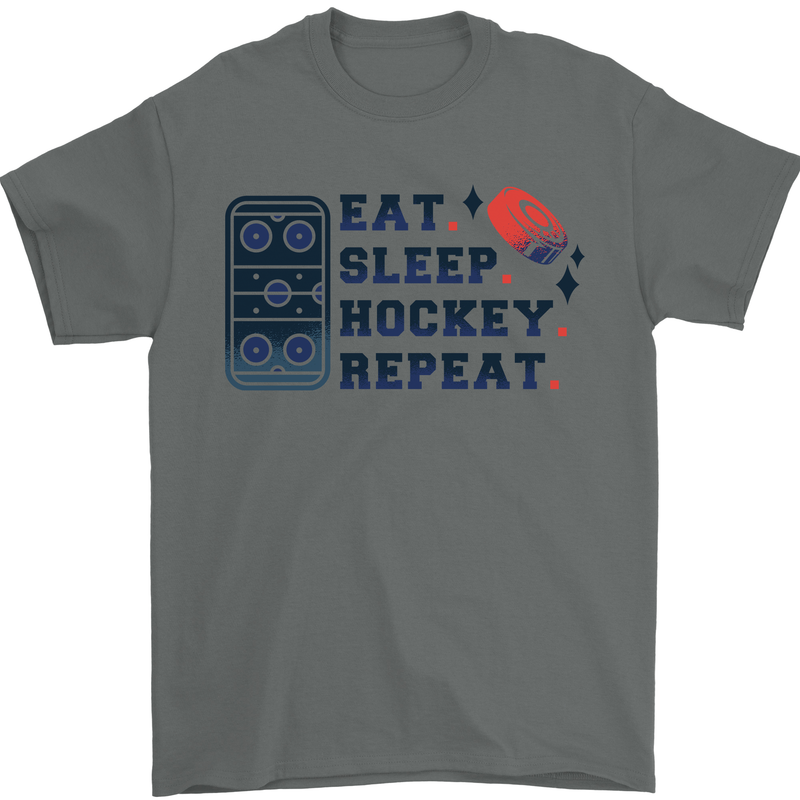 Eat Sleep Hockey Repeat Ice Street Mens T-Shirt 100% Cotton Charcoal