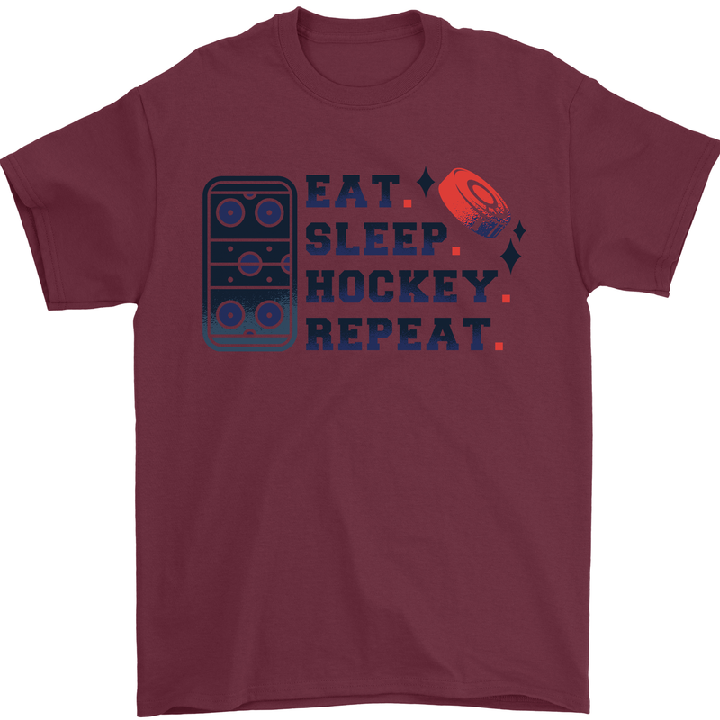 Eat Sleep Hockey Repeat Ice Street Mens T-Shirt 100% Cotton Maroon