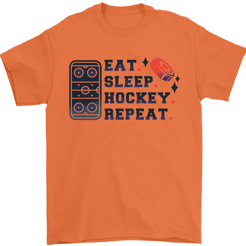 Eat Sleep Hockey Repeat Ice Street Mens T-Shirt 100% Cotton Orange