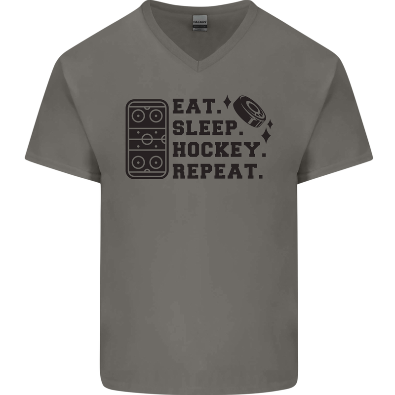Eat Sleep Hockey Repeat Street Ice Funny Mens V-Neck Cotton T-Shirt Charcoal