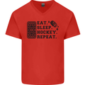 Eat Sleep Hockey Repeat Street Ice Funny Mens V-Neck Cotton T-Shirt Red