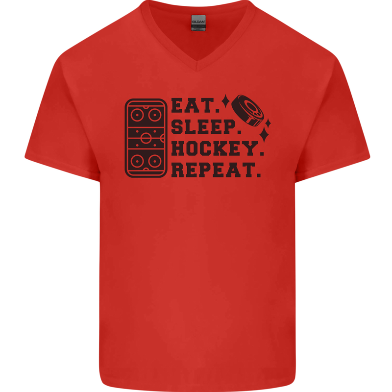 Eat Sleep Hockey Repeat Street Ice Funny Mens V-Neck Cotton T-Shirt Red