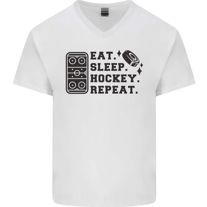 Eat Sleep Hockey Repeat Street Ice Funny Mens V-Neck Cotton T-Shirt White
