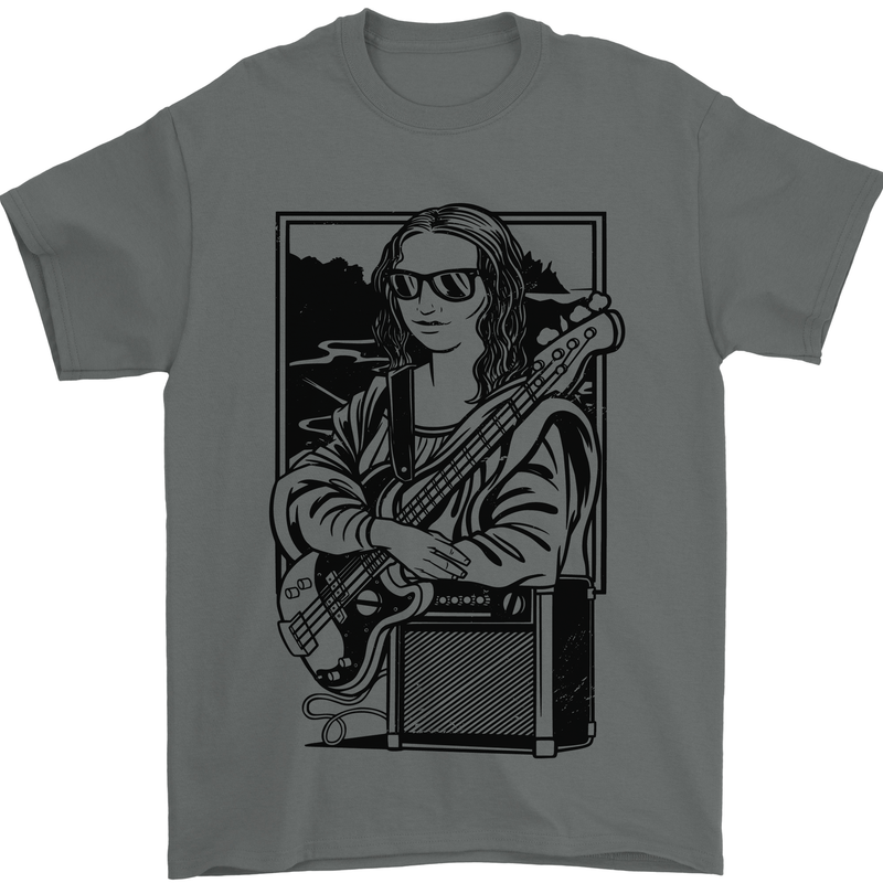 Electric Guitar Mona Lisa Rock Music Player Mens T-Shirt 100% Cotton Charcoal