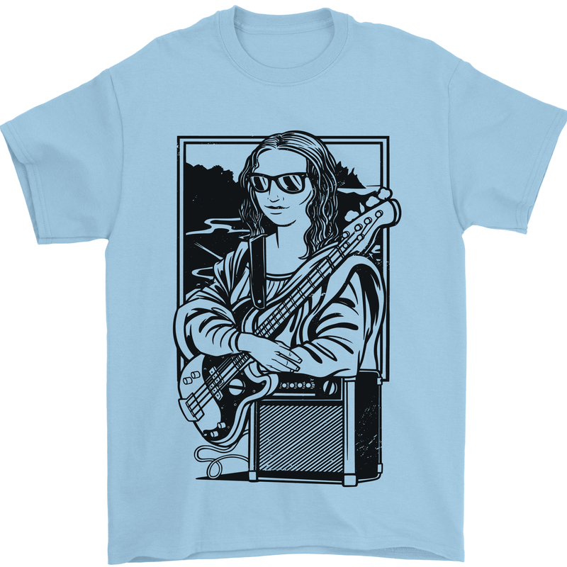 Electric Guitar Mona Lisa Rock Music Player Mens T-Shirt 100% Cotton Light Blue