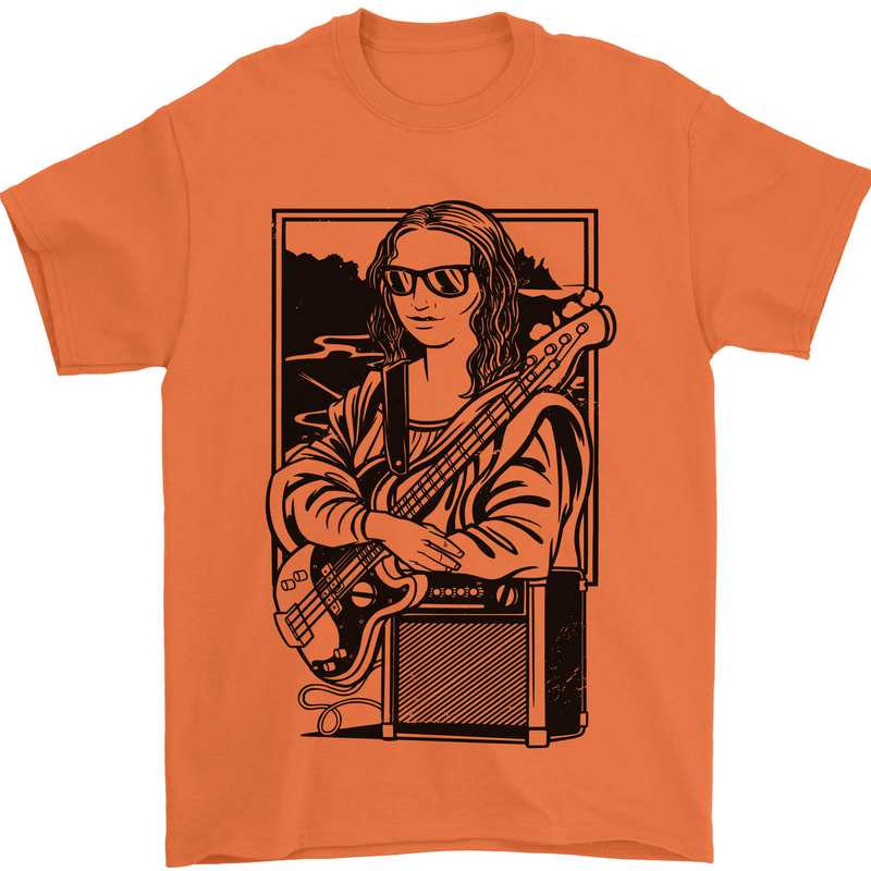 Electric Guitar Mona Lisa Rock Music Player Mens T-Shirt 100% Cotton Orange