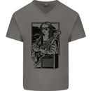 Electric Guitar Mona Lisa Rock Music Player Mens V-Neck Cotton T-Shirt Charcoal