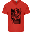Electric Guitar Mona Lisa Rock Music Player Mens V-Neck Cotton T-Shirt Red