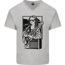 Electric Guitar Mona Lisa Rock Music Player Mens V-Neck Cotton T-Shirt Sports Grey