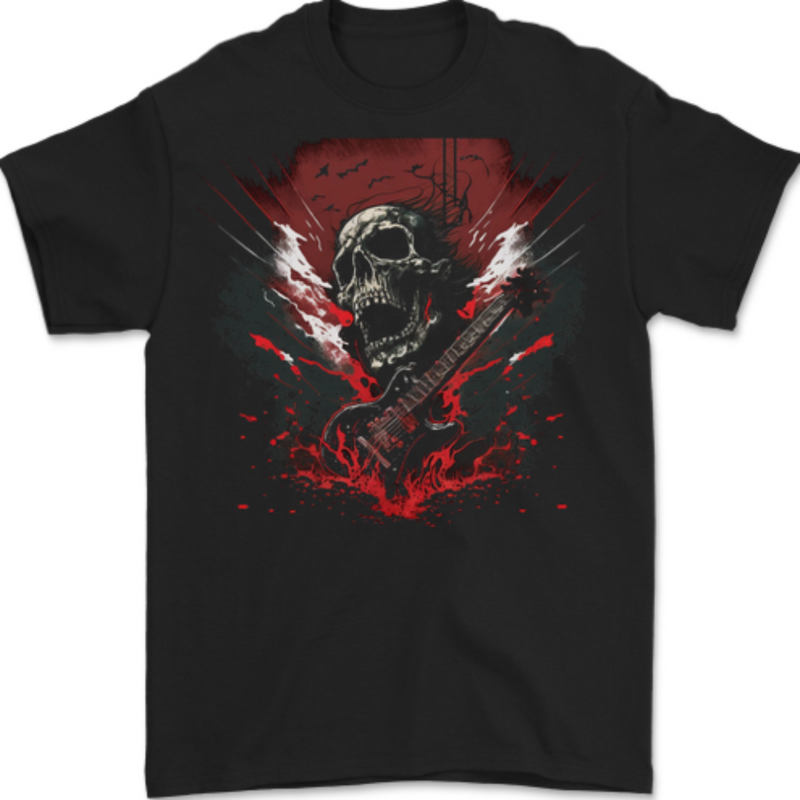Electric Guitar Skull Heavy Metal Rock Music Mens T-Shirt 100% Cotton BLACK