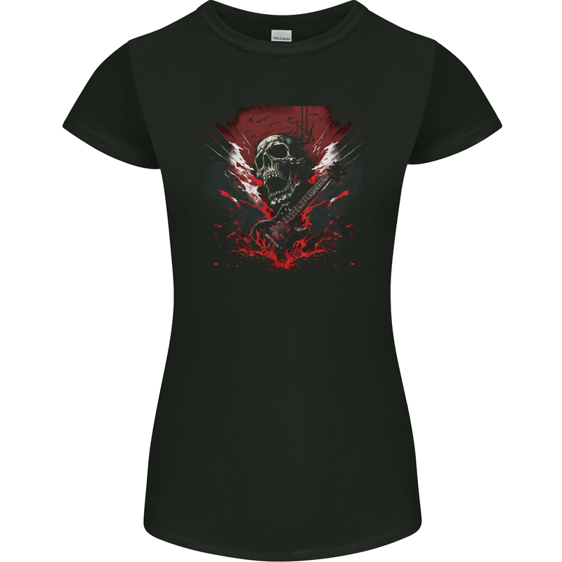 Electric Guitar Skull Heavy Metal Rock Music Womens Petite Cut T-Shirt Black