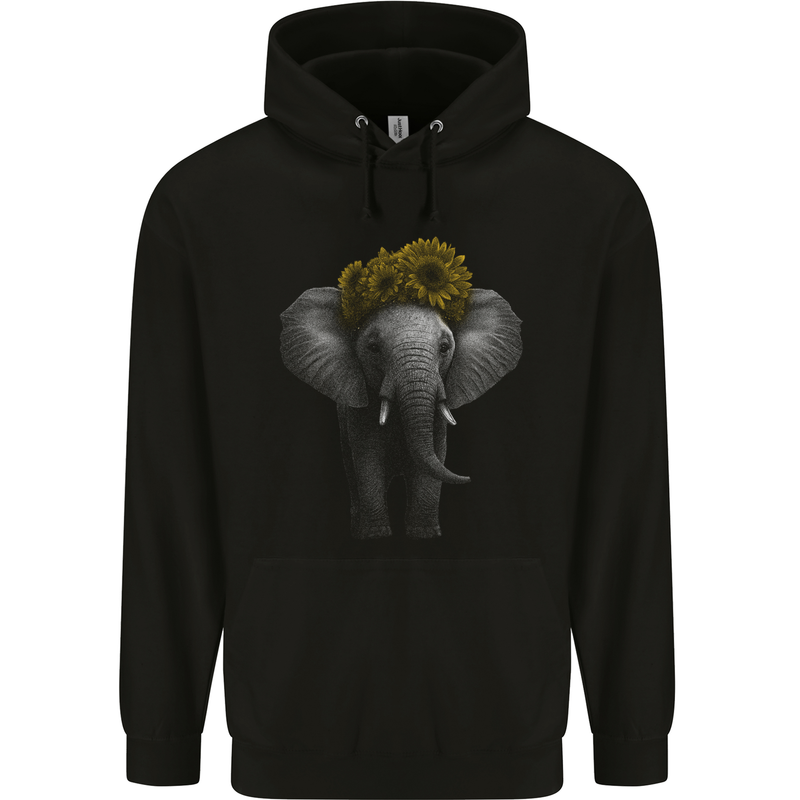 Elephant Sunflower Childrens Kids Hoodie Black