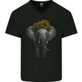 Elephant Sunflower Mens V-Neck Cotton T-Shirt Black