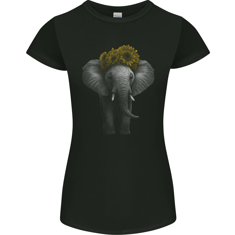 Elephant Sunflower Womens Petite Cut T-Shirt Black