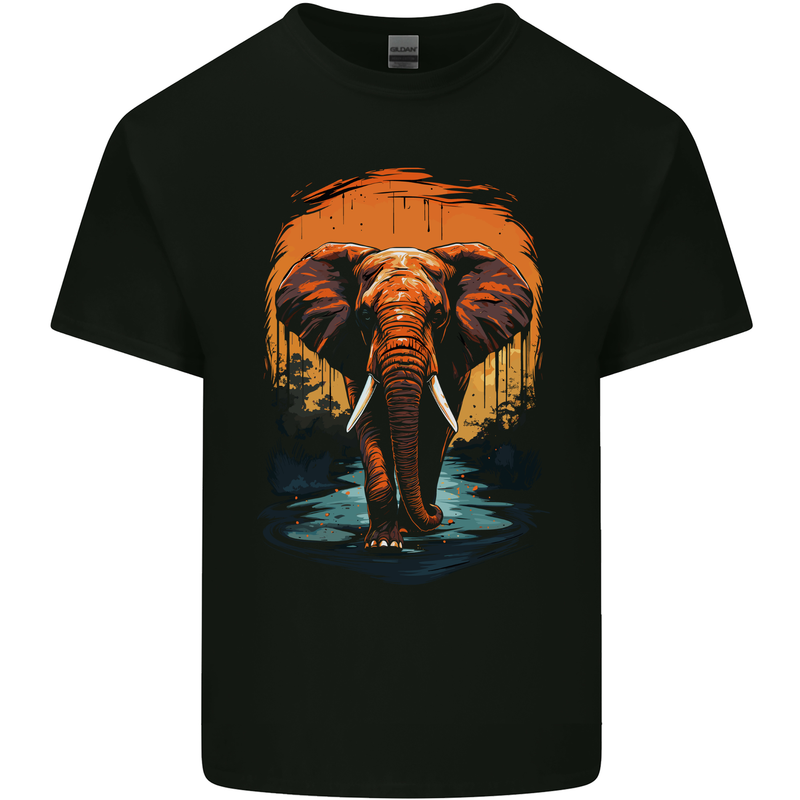 Elephant Sunset Mens Cotton T-Shirt Tee Top Black