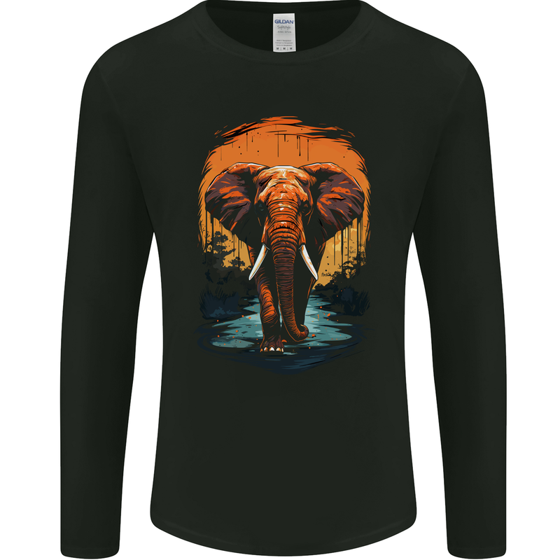 Elephant Sunset Mens Long Sleeve T-Shirt Black