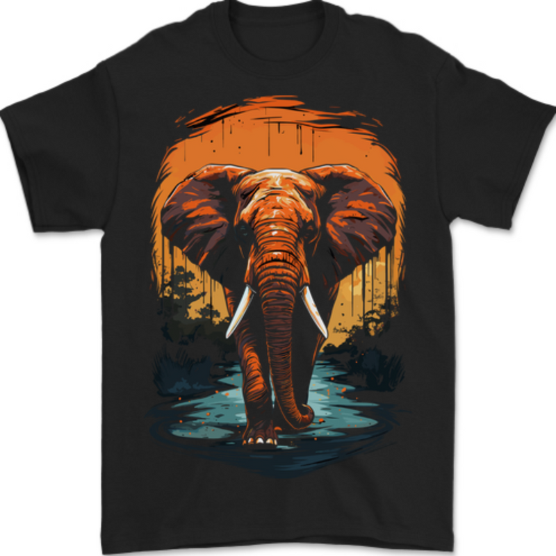 Elephant Sunset Mens T-Shirt 100% Cotton BLACK