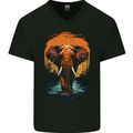 Elephant Sunset Mens V-Neck Cotton T-Shirt Black