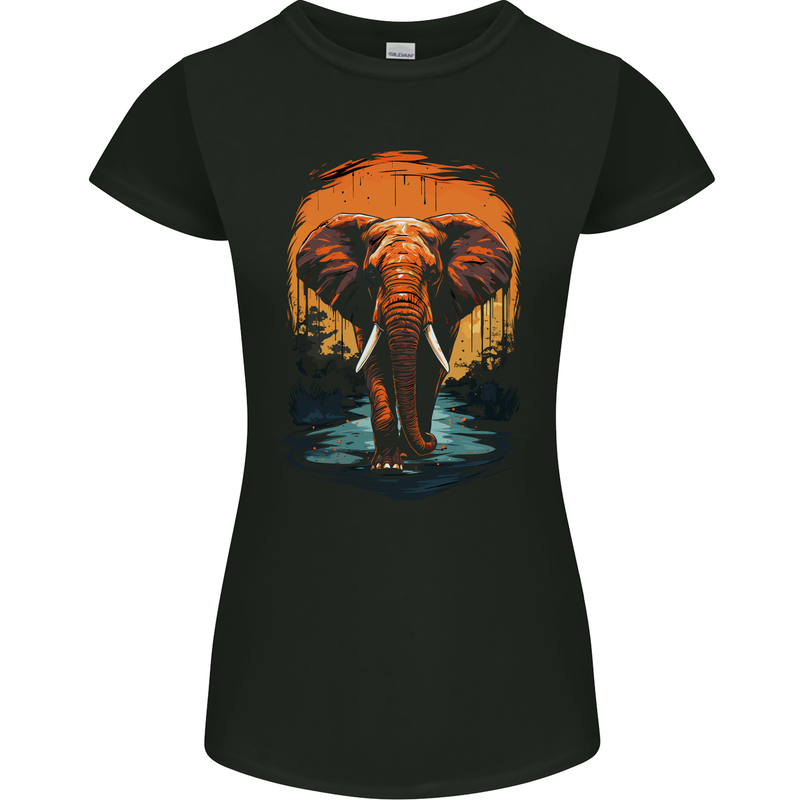 Elephant Sunset Womens Petite Cut T-Shirt Black