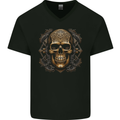 Embossed Golden Skull Mens V-Neck Cotton T-Shirt Black