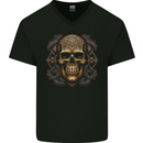 Embossed Golden Skull Mens V-Neck Cotton T-Shirt Black