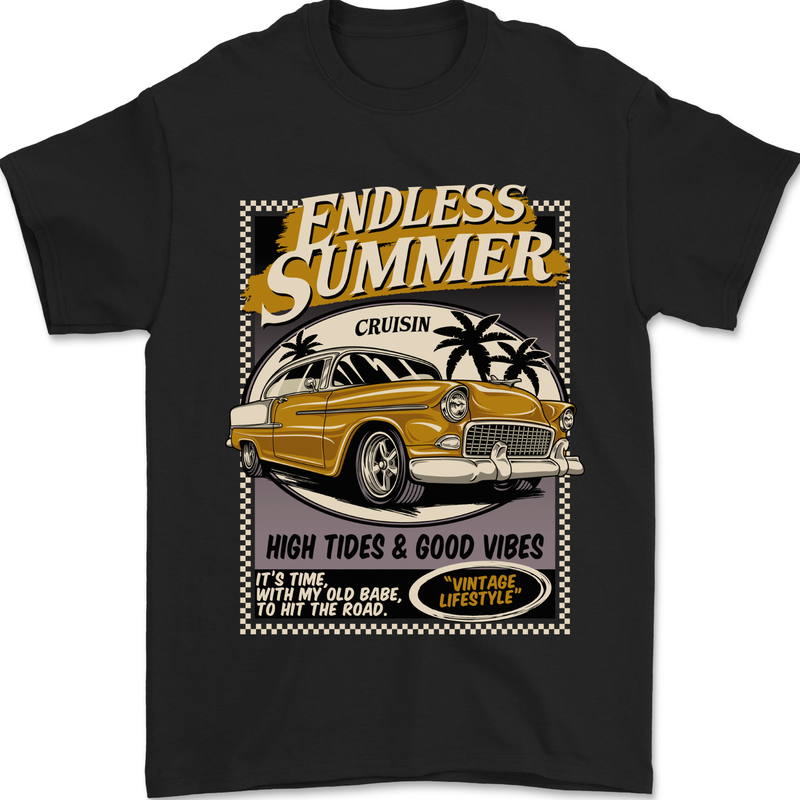 Endless Summer American Muscle Car Surfing Mens T-Shirt 100% Cotton Black