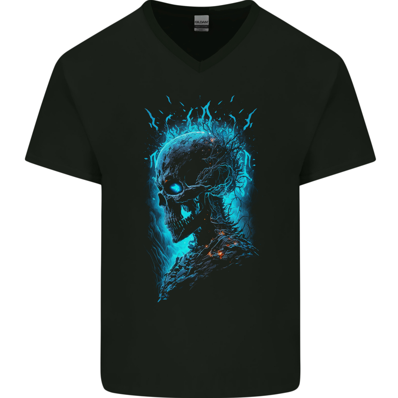 Energy Skull Heavy Metal Rock Music Biker Mens V-Neck Cotton T-Shirt Black