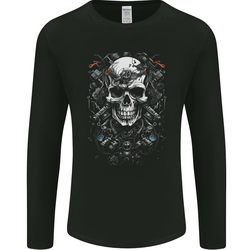 Engine Skull Car Motorcycle Biker Mechanic Mens Long Sleeve T-Shirt Black