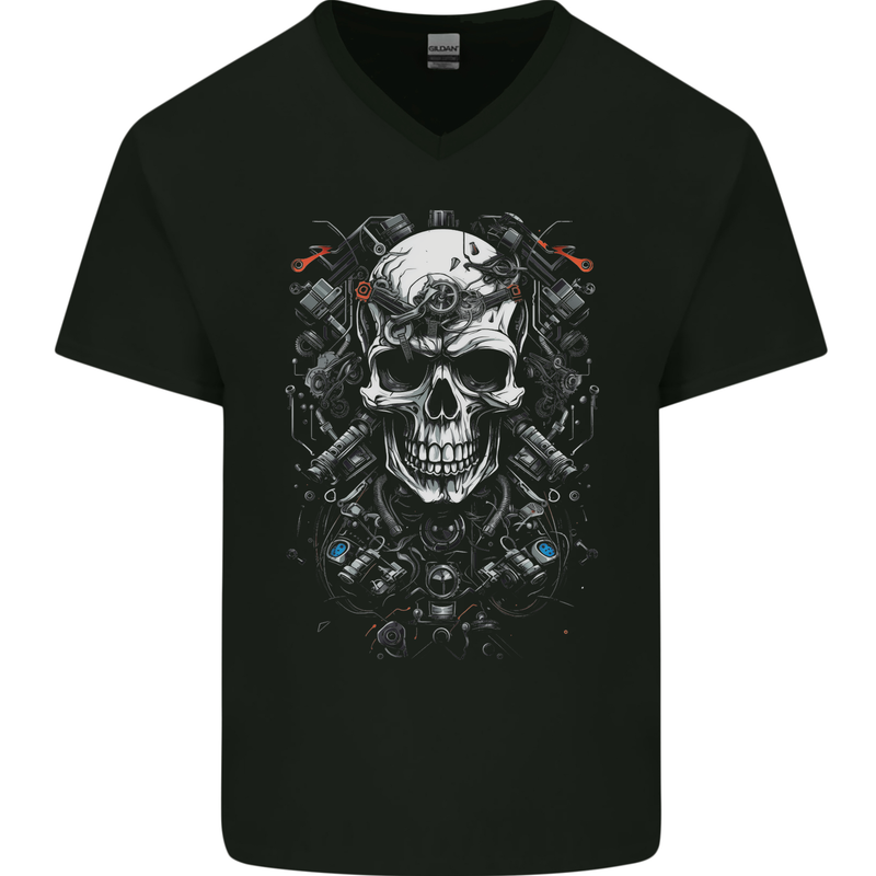 Engine Skull Car Motorcycle Biker Mechanic Mens V-Neck Cotton T-Shirt Black