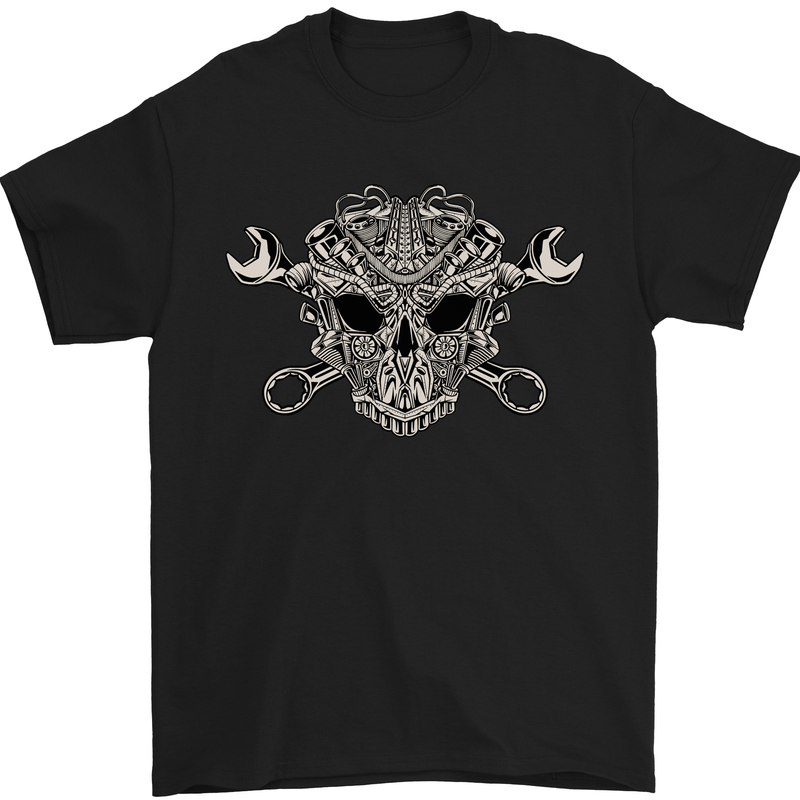 a black t - shirt with a skull and wrenches on it